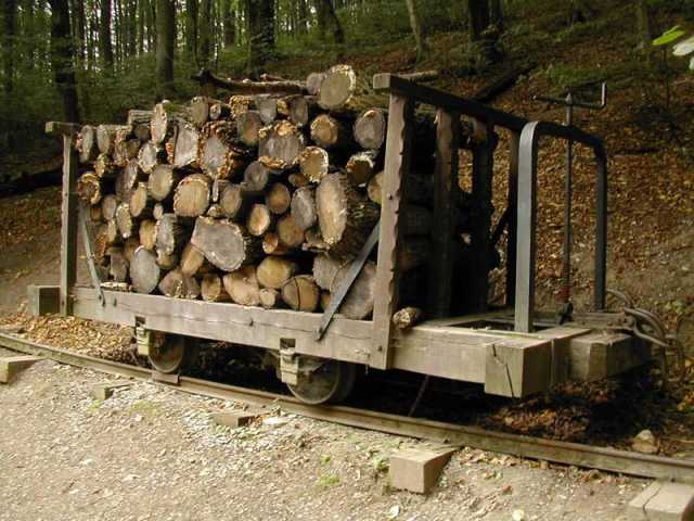 Kéttengelyes kiállított faszállító kocsi